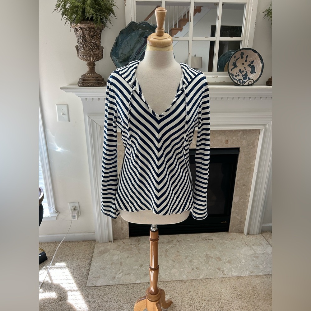 Dudley Stephens Navy and White Hooded Striped Top